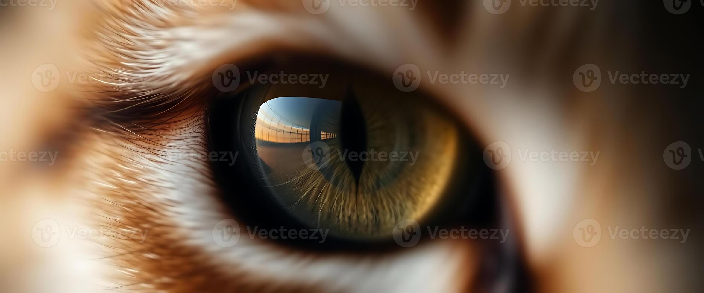 close up of a cat's eye with a blurry image of a photo