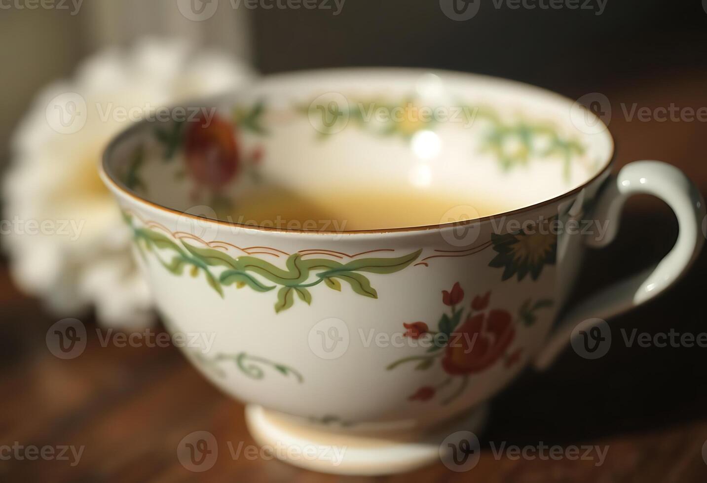 close up of a cup of tea on a table photo