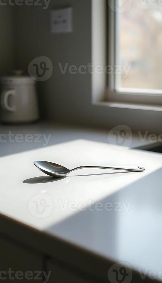 spoon sitting on top of a table next to a window photo