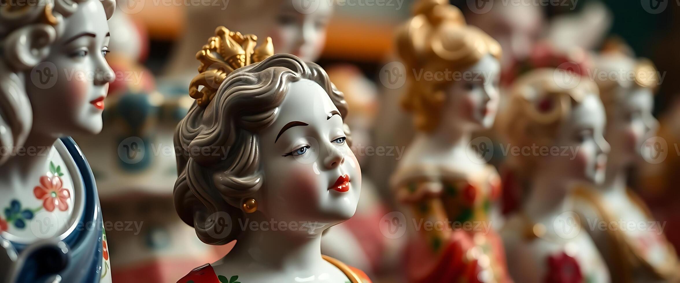 Many porcelain figurines are lined up together photo