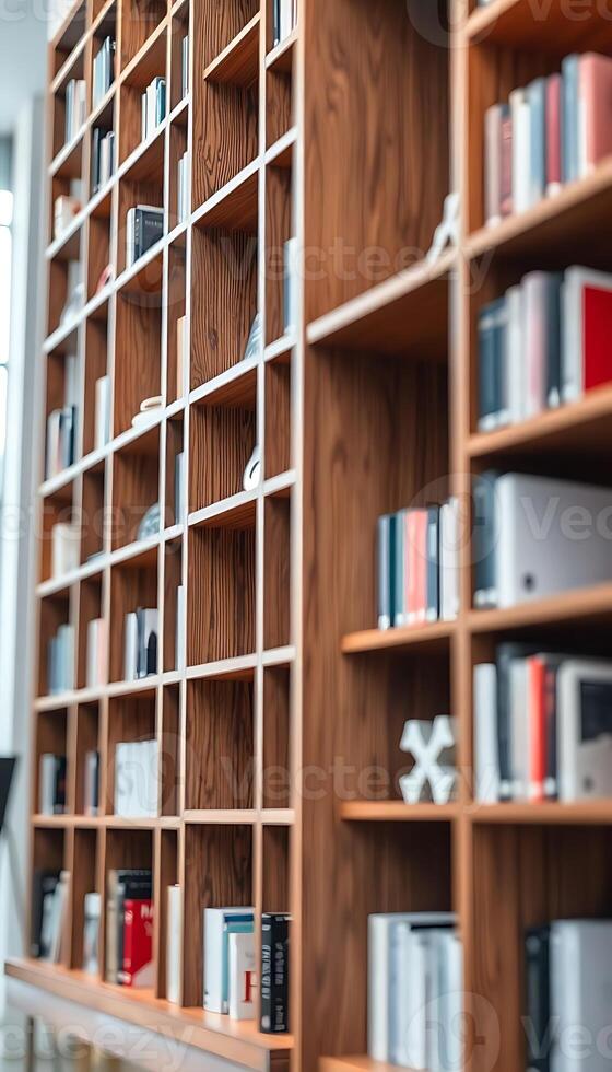 A library with many bookshelves and a desk photo