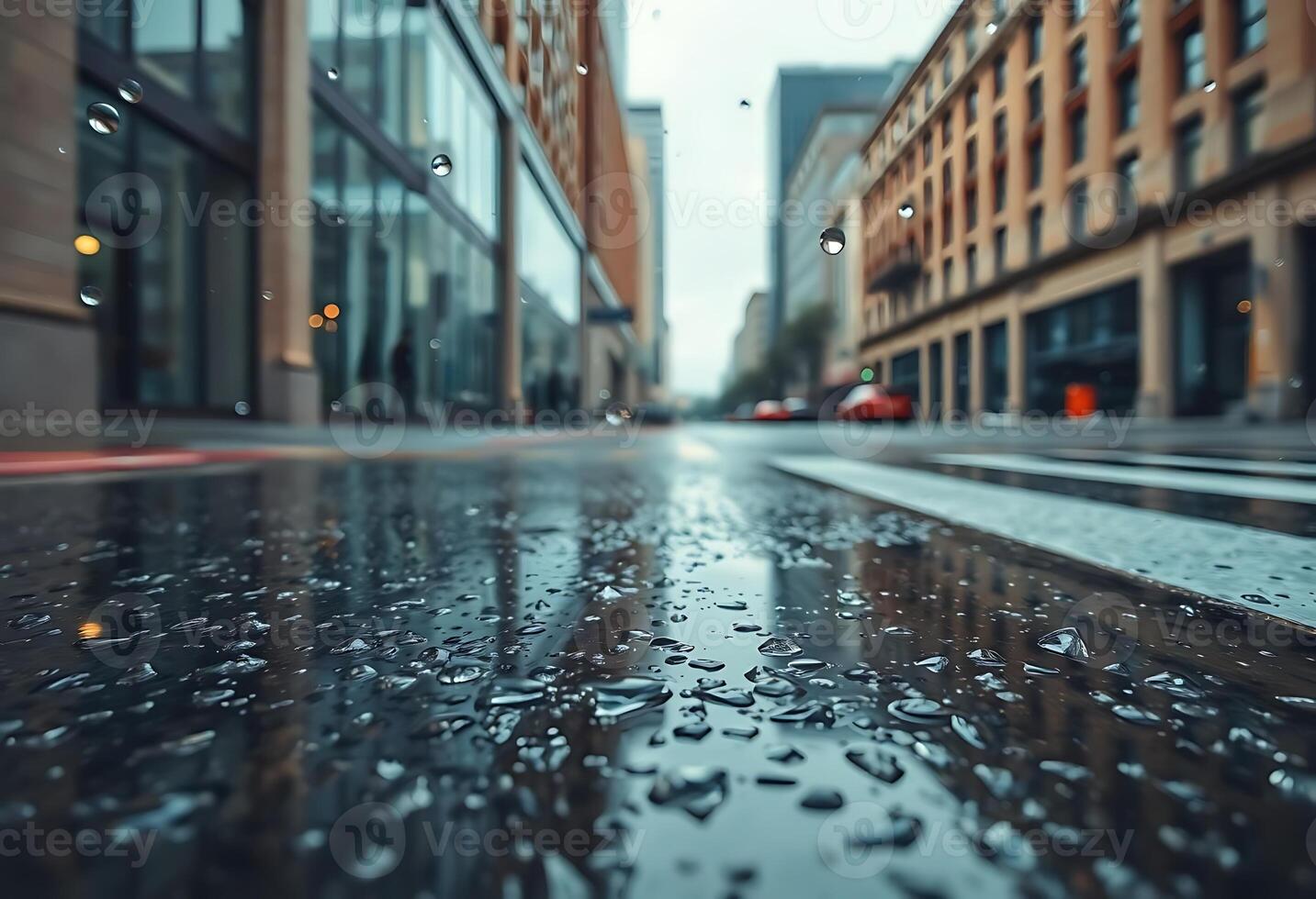 wet street with buildings and cars on it photo