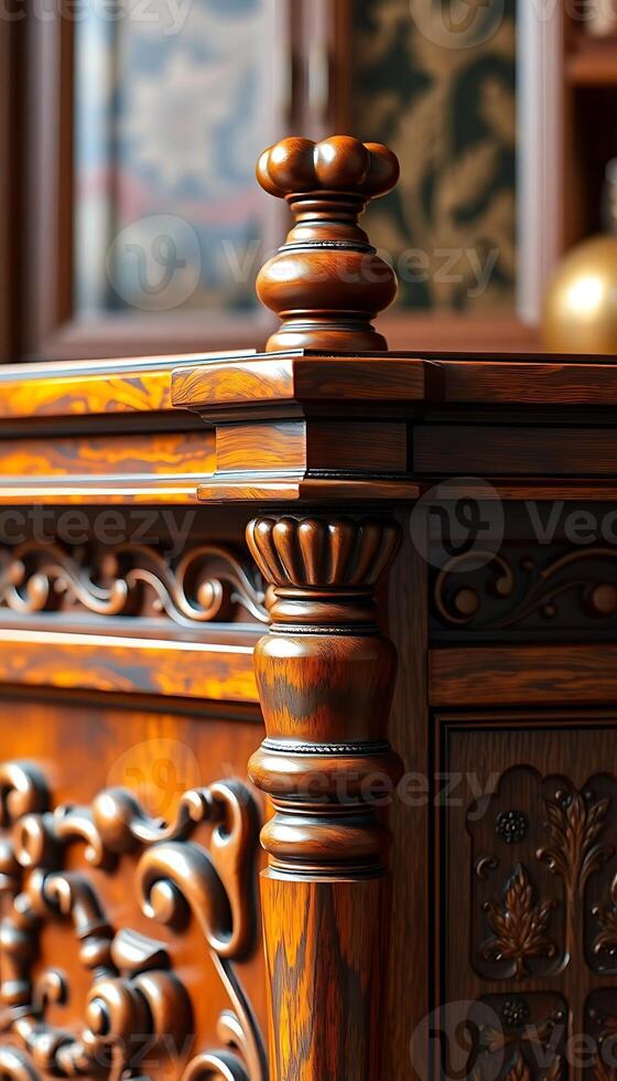 close up of a wooden table with a mirror in the background photo