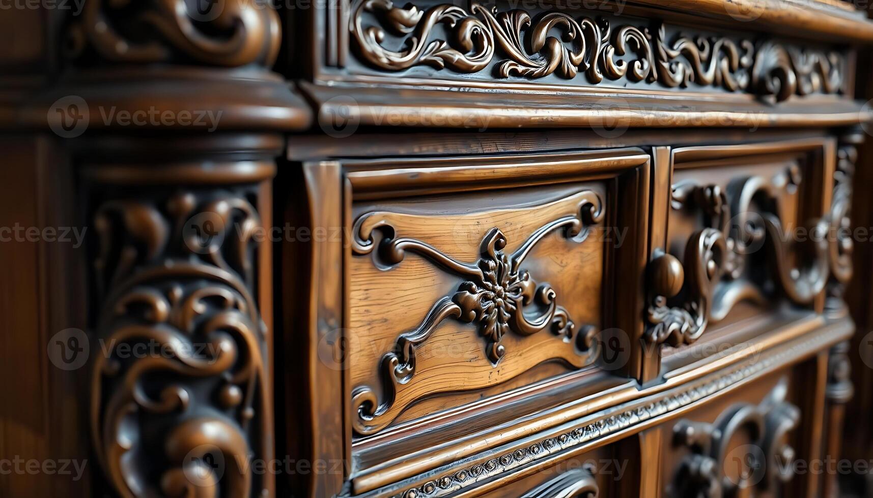 A close up of a wooden dresser with ornate carvings photo