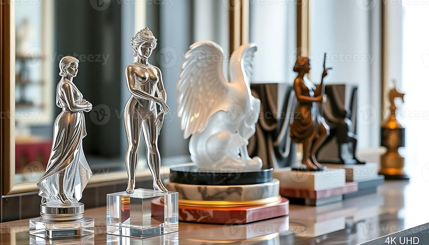 couple of statues sitting on top of a table photo