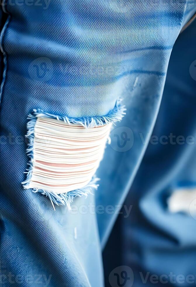 pair of blue jeans with a ripped pocket photo