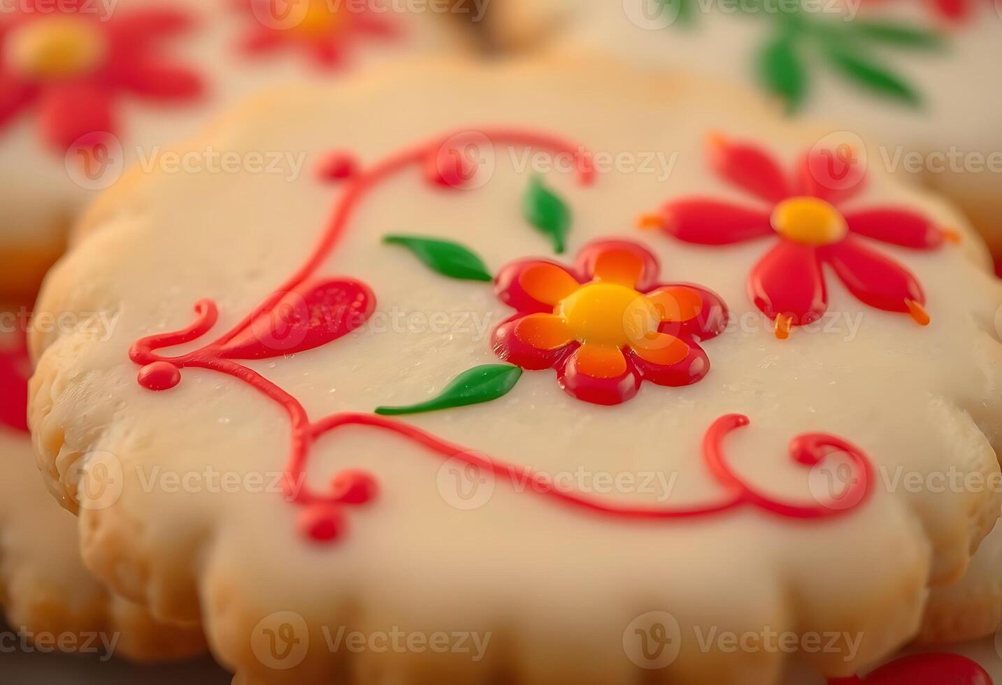 Close up of decorated cookies with red and yellow flowers photo