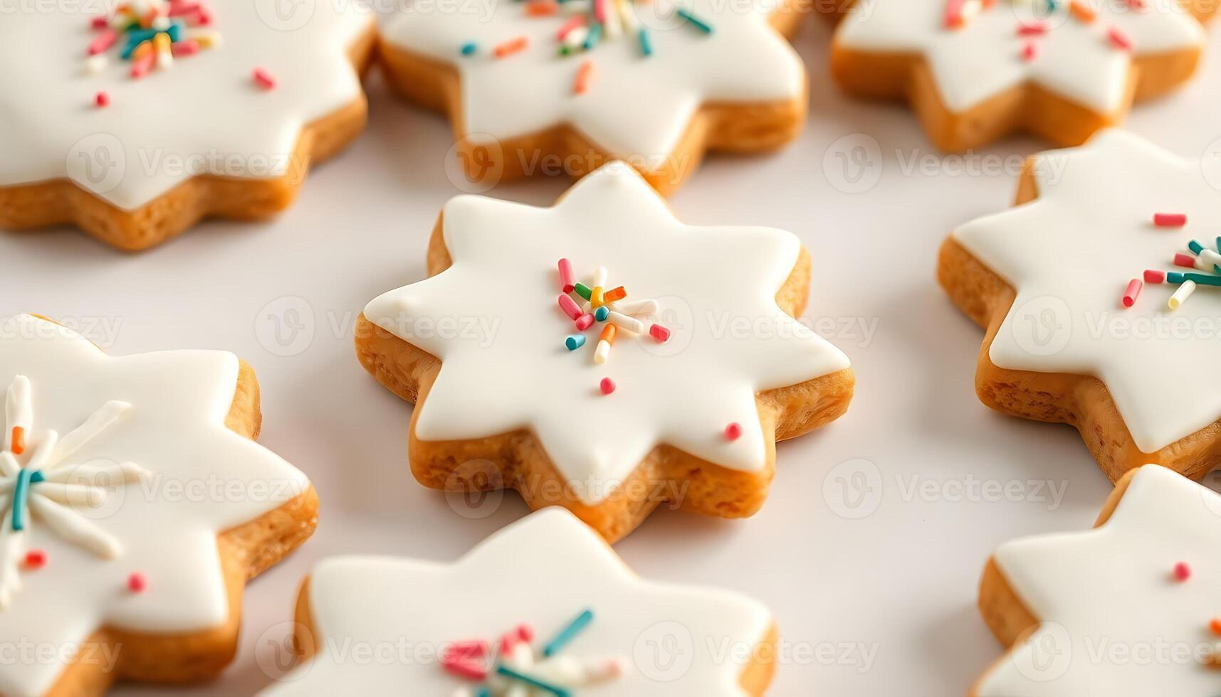 Several decorated cookies with white frosting and sprinkles photo
