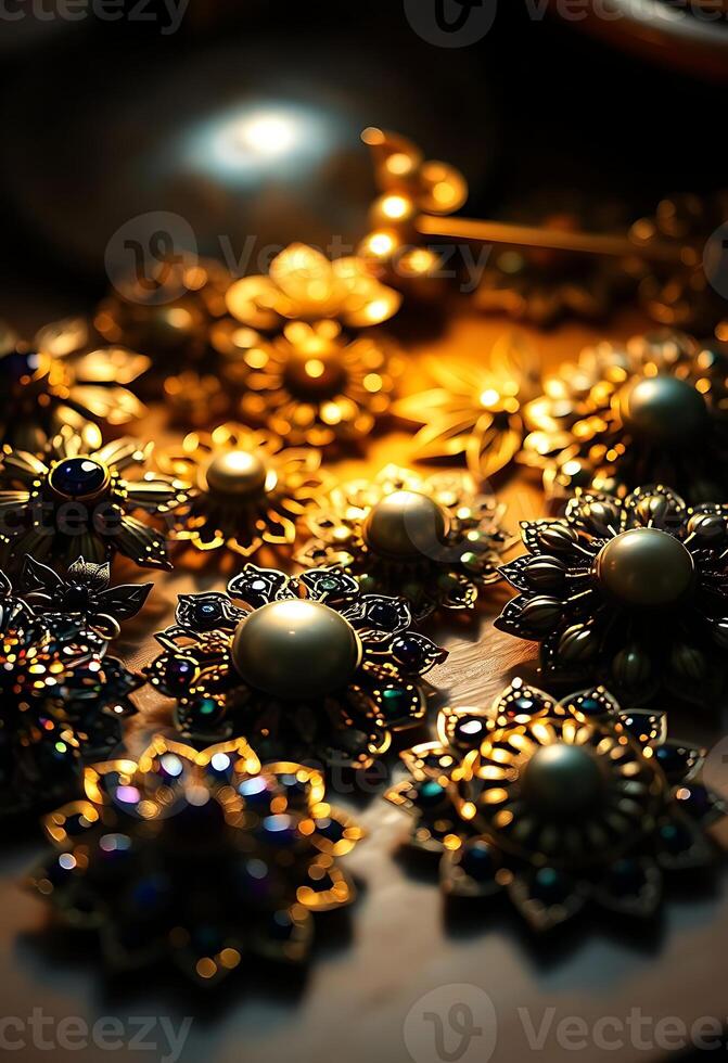 table topped with lots of different types of brooches photo