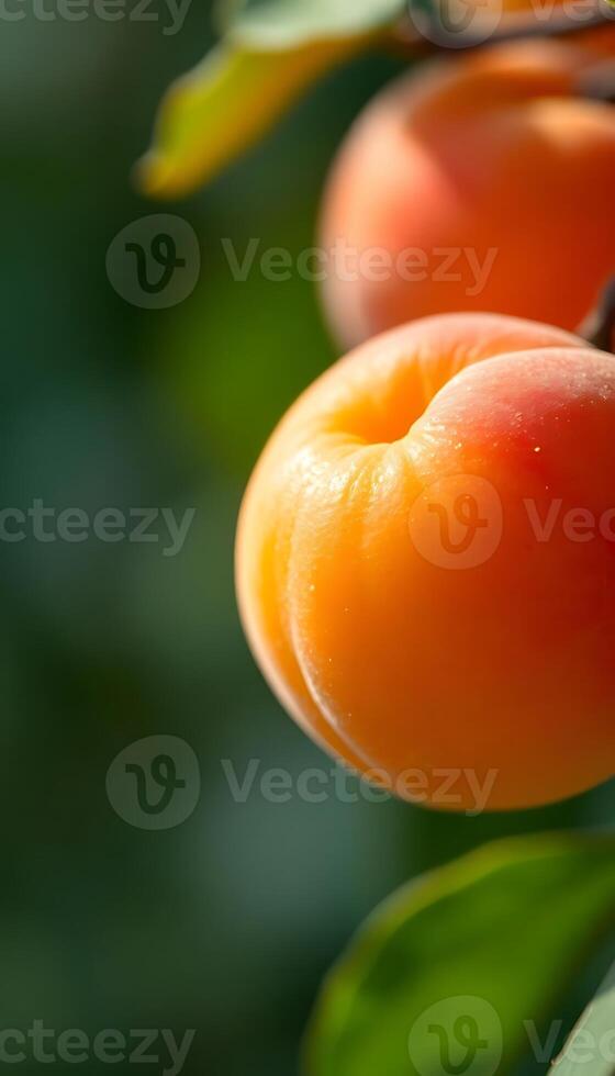 two peaches hanging from a tree with leaves photo