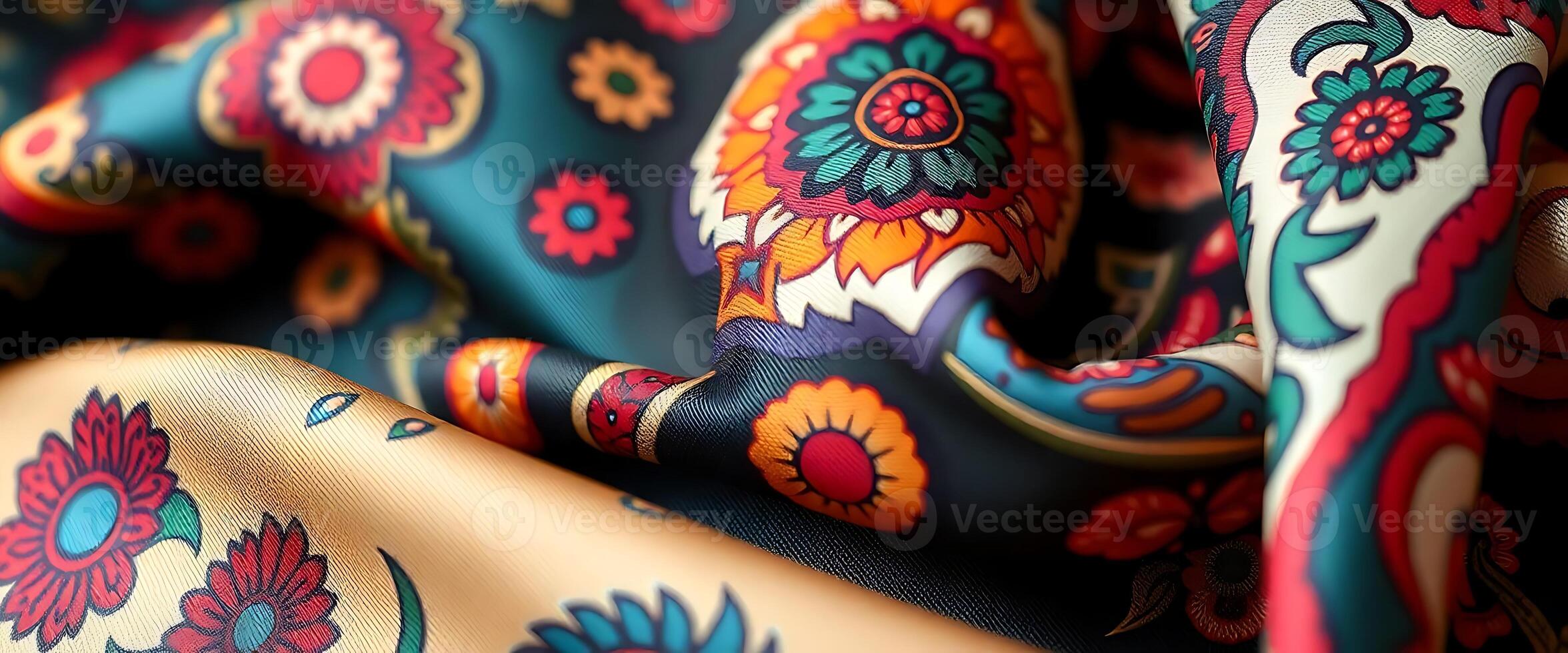 A close up of a colorful paisley fabric photo