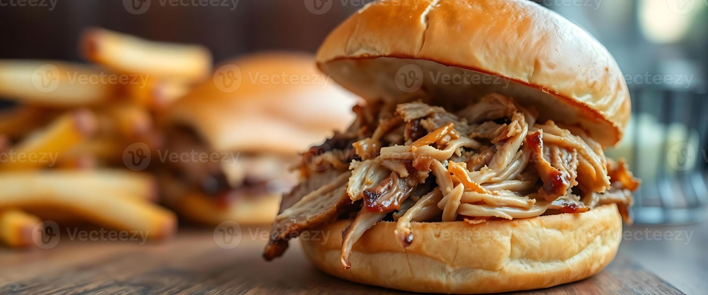 Pulled pork sandwich with french fries on a wooden table photo