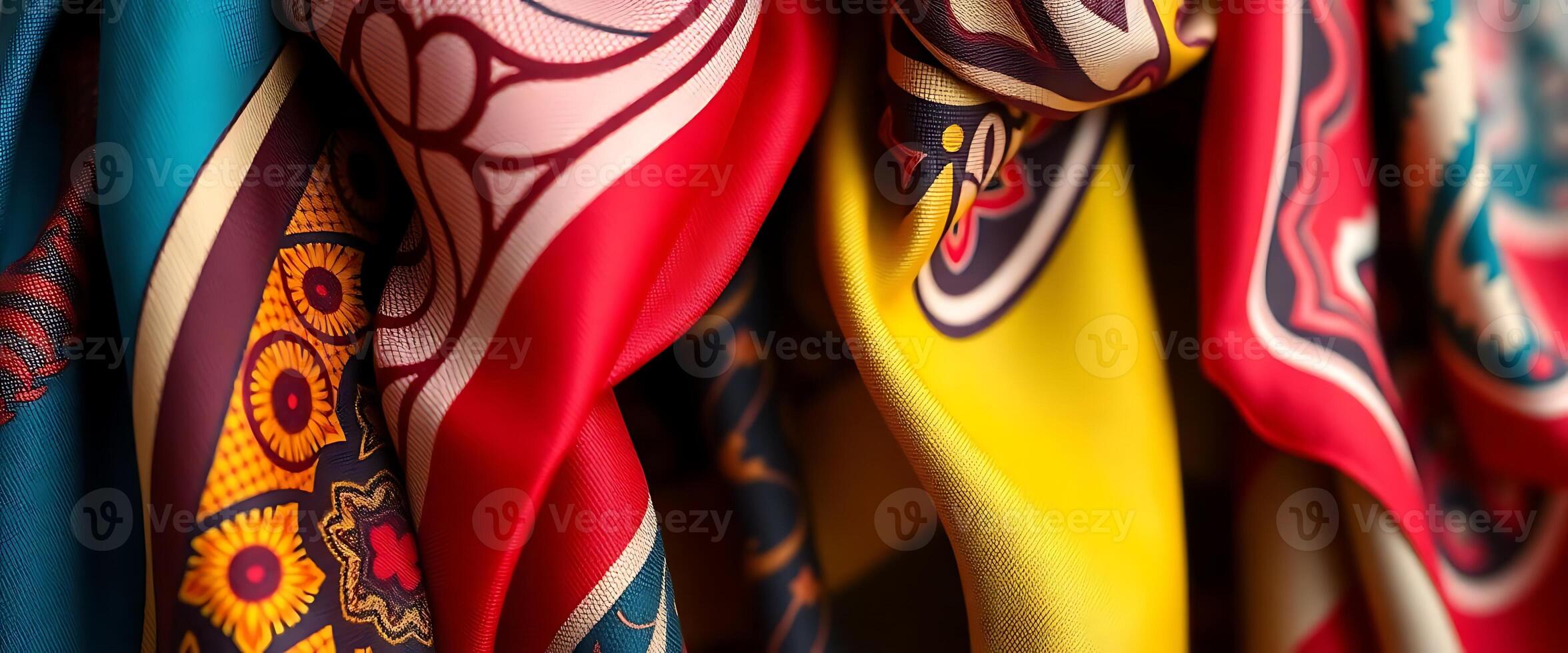 Colorful silk scarves hanging on a rack photo