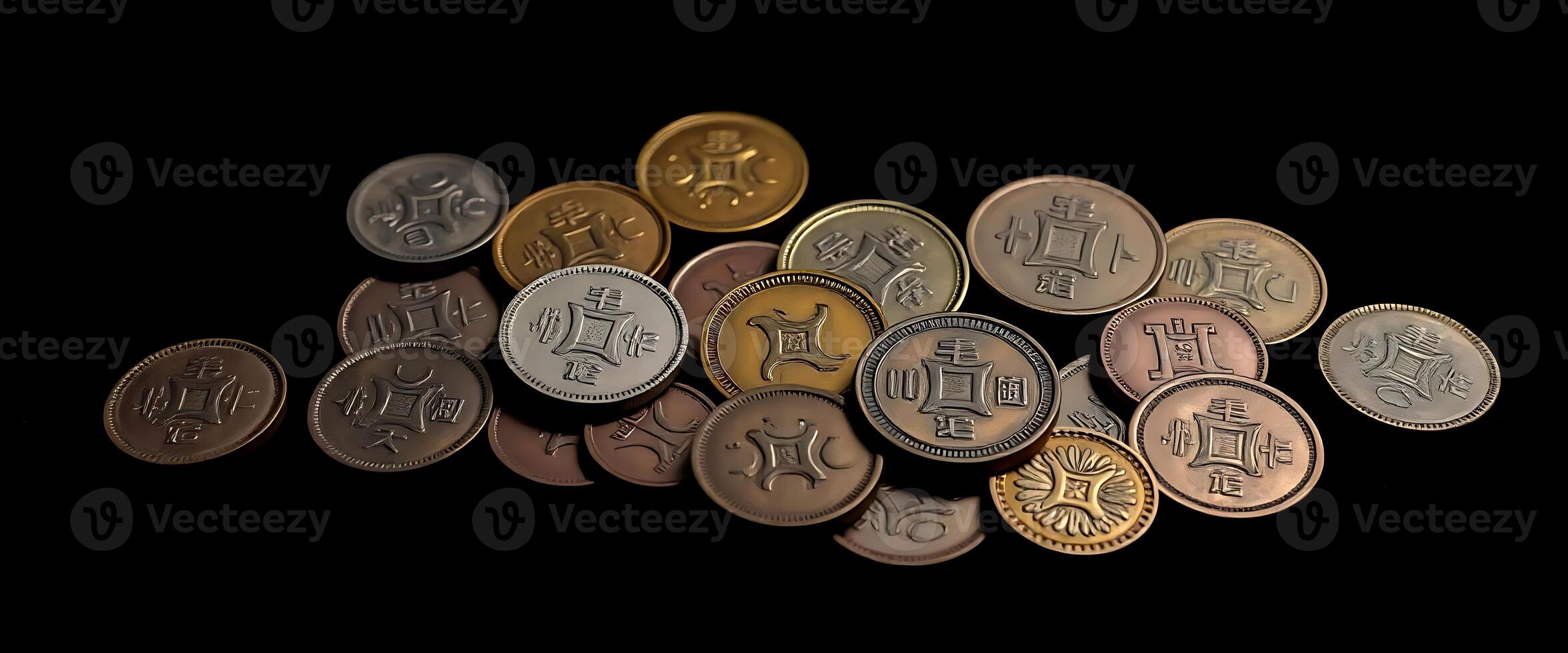 pile of chinese coins on a black background photo