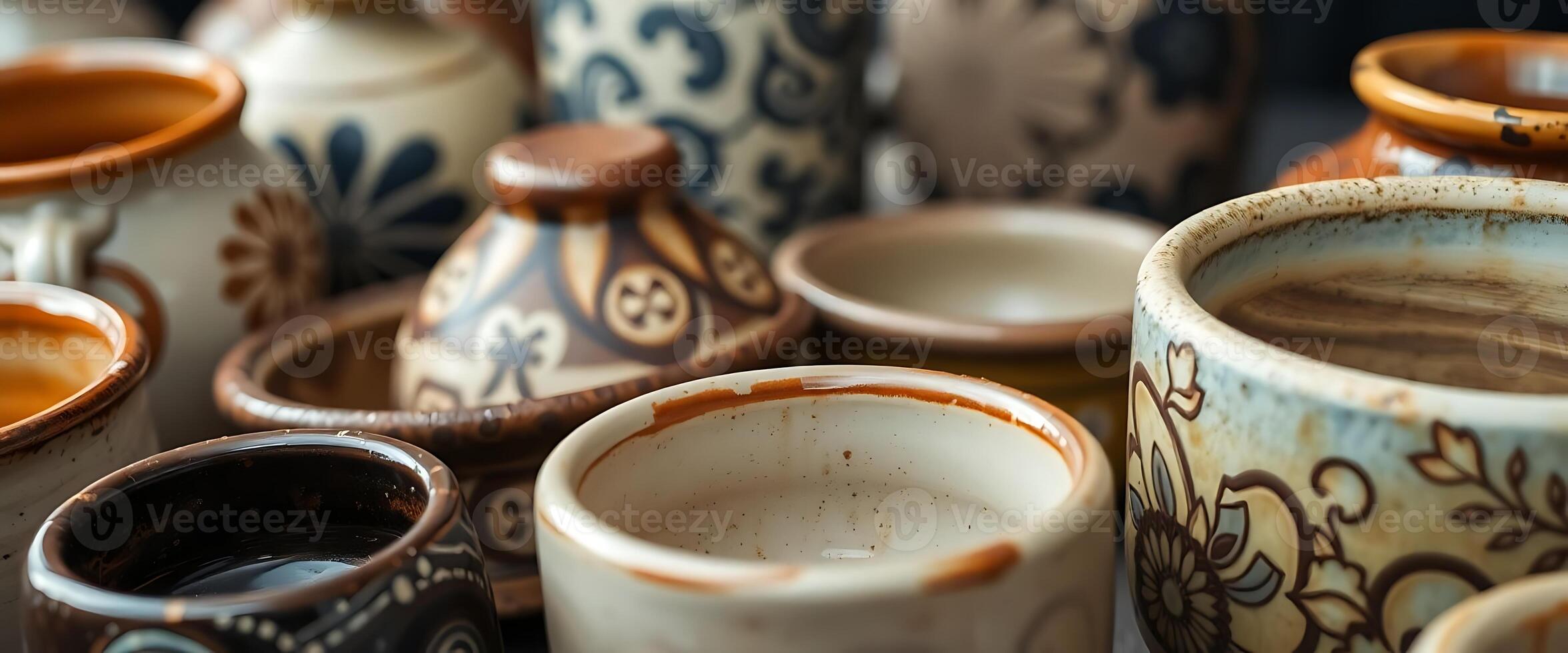 group of ceramic pots sitting on top of a table photo