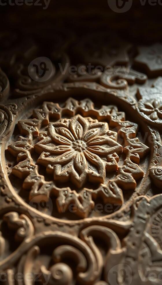Close up of intricate carvings on a wooden surface photo