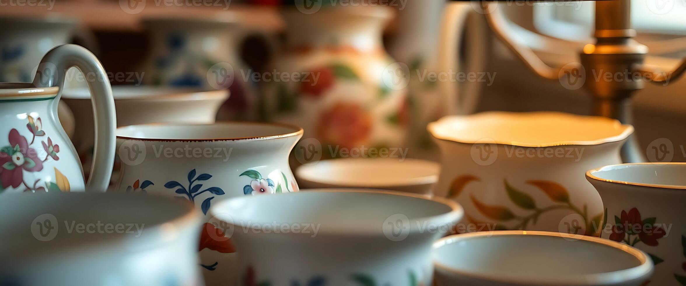 Many different types of vases and cups are sitting on a table photo
