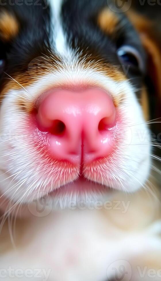 close up of a dog's face with a pink nose photo