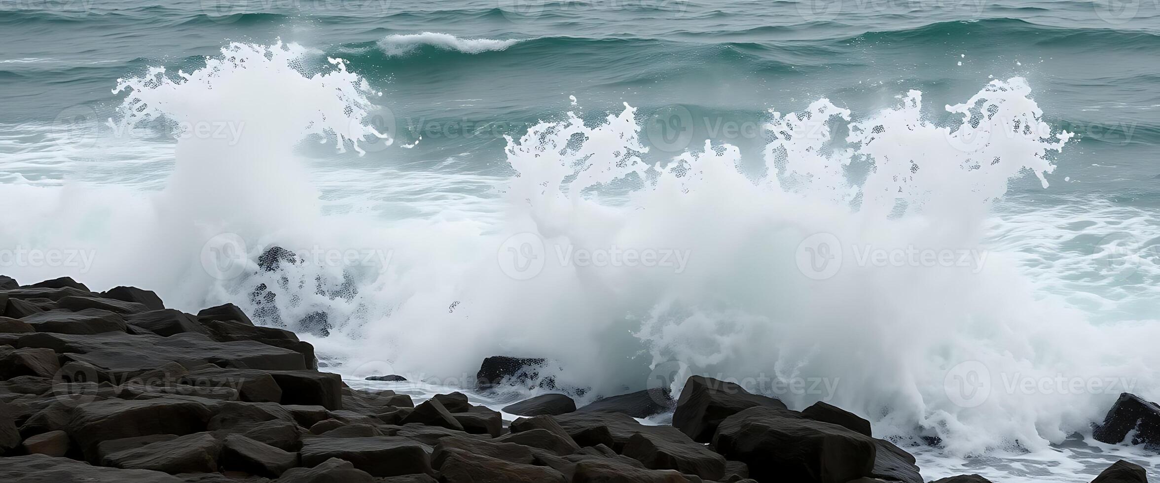 large wave crashing into a rocky shore photo
