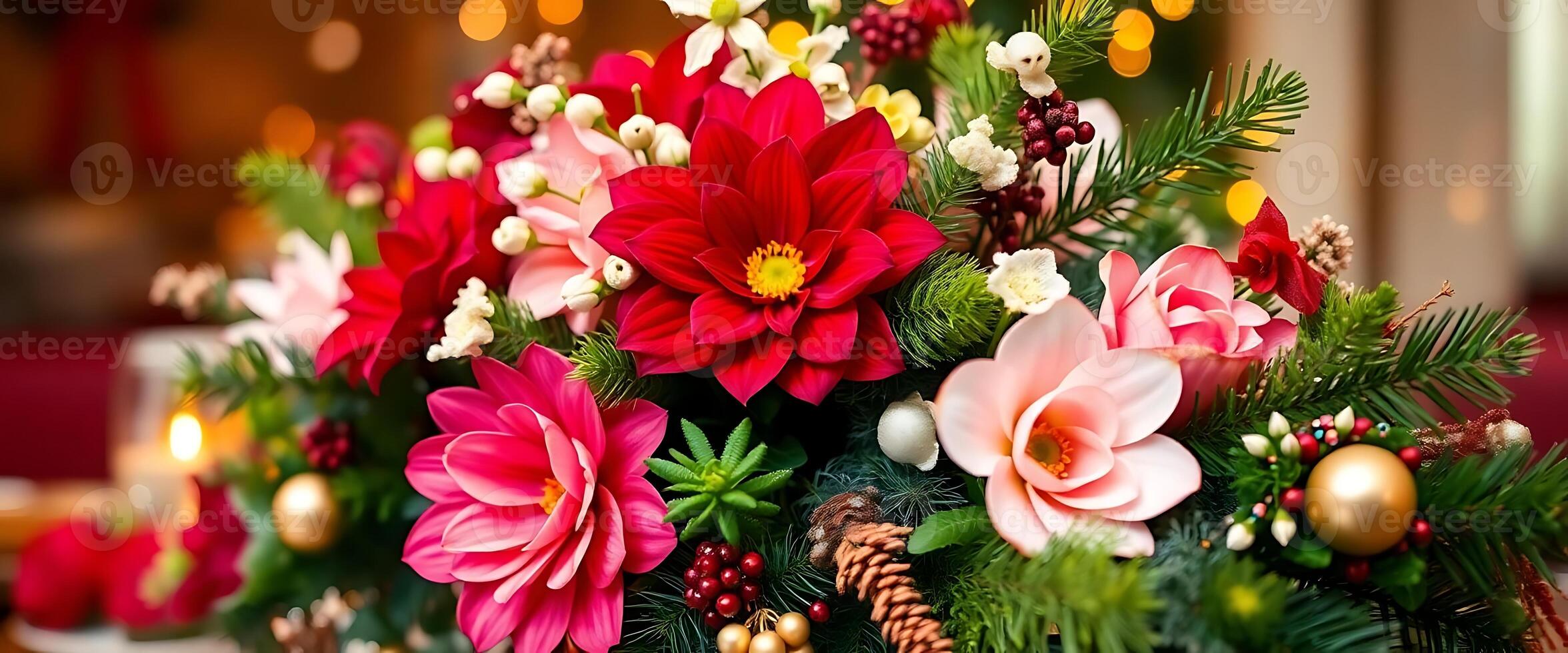 A large arrangement of flowers is on a table photo