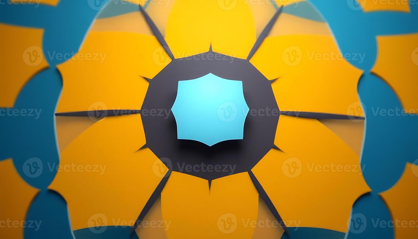 A colorful flower with a blue center on a yellow background photo