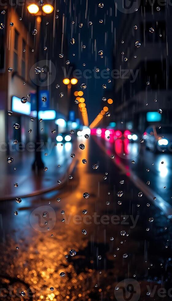 Raindrops on the window of a car at night photo