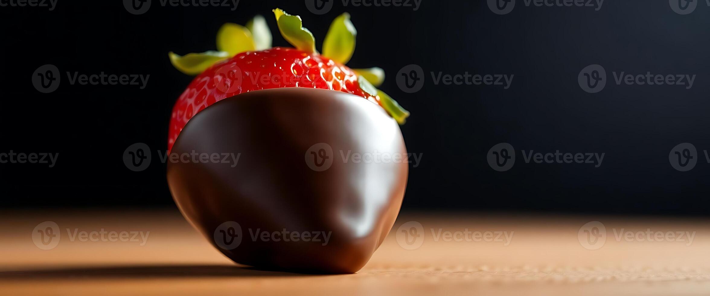 chocolate covered strawberry sitting on top of a wooden table photo