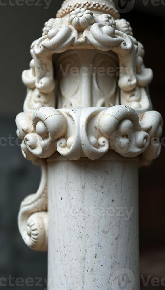 close up of a white pillar with carvings on it photo