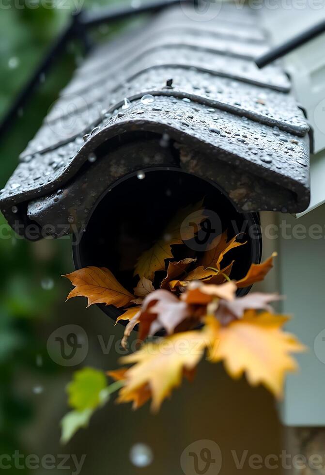 A leaf is falling from the gutter of a house photo