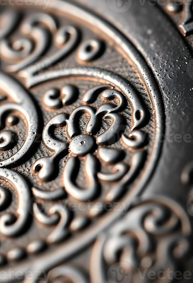 close up of a metal plate with a design on it photo
