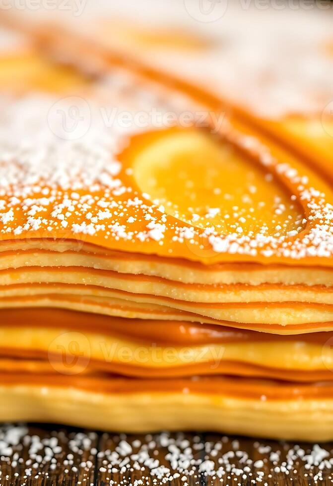 stack of pancakes covered in powdered sugar photo