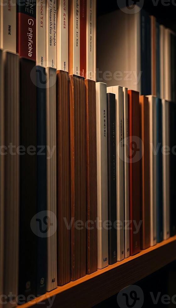 bookshelf filled with lots of books on top of a wooden shelf photo