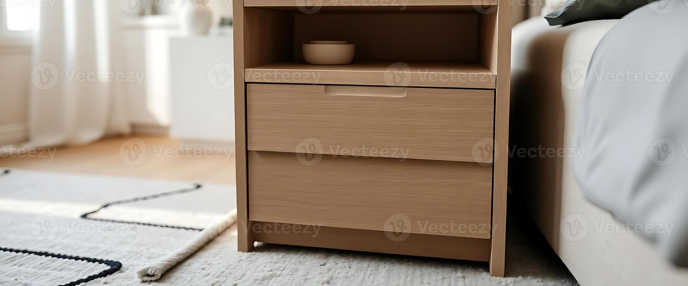 nightstand with a cup on top of it next to a bed photo