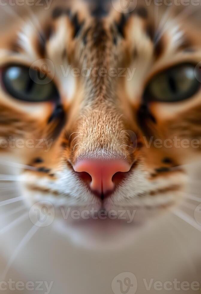 A close up of a cat's face with a green nose photo