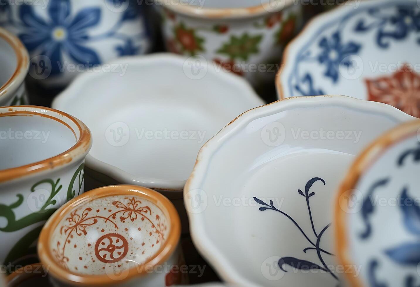 Many different types of ceramic dishes and cups photo