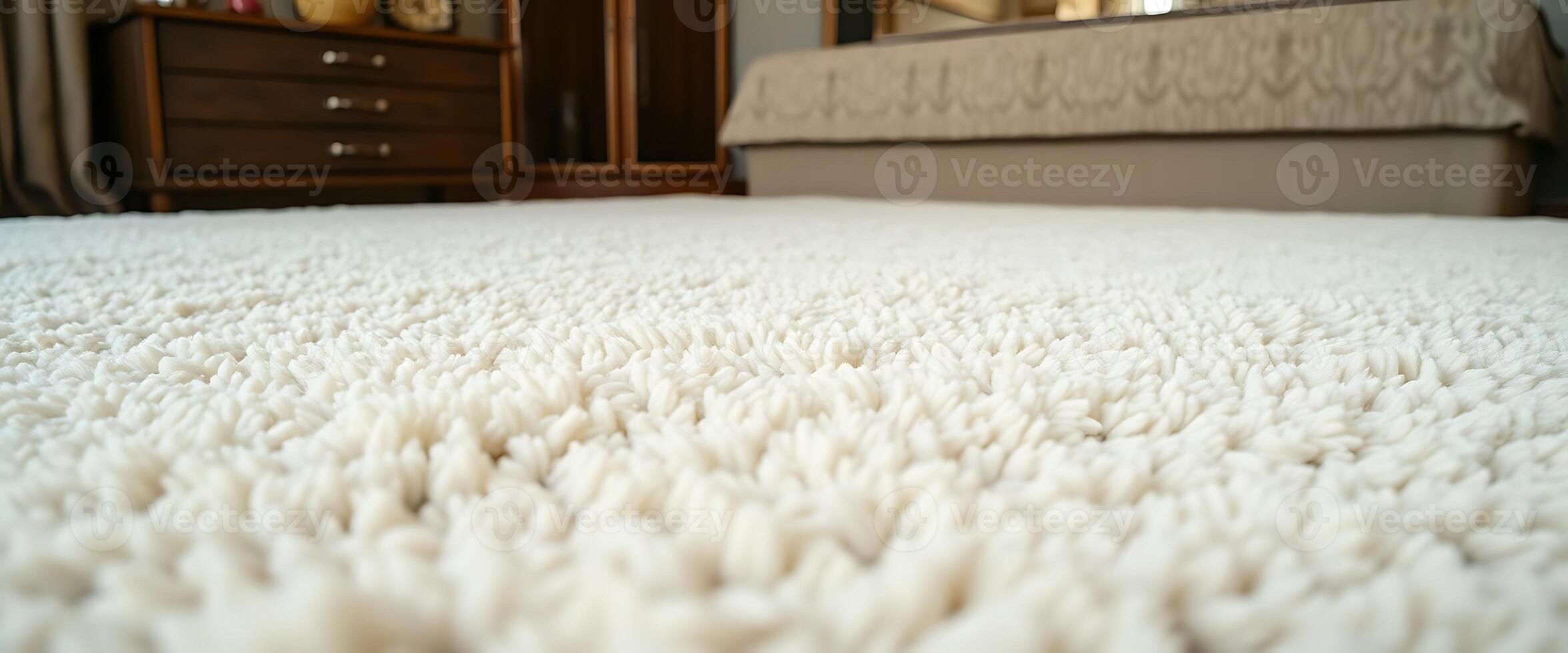 A white carpet is seen in a bedroom photo