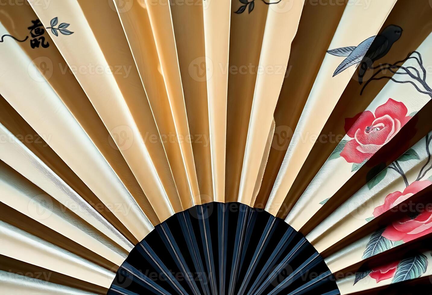A close up of a fan with a rose pattern photo