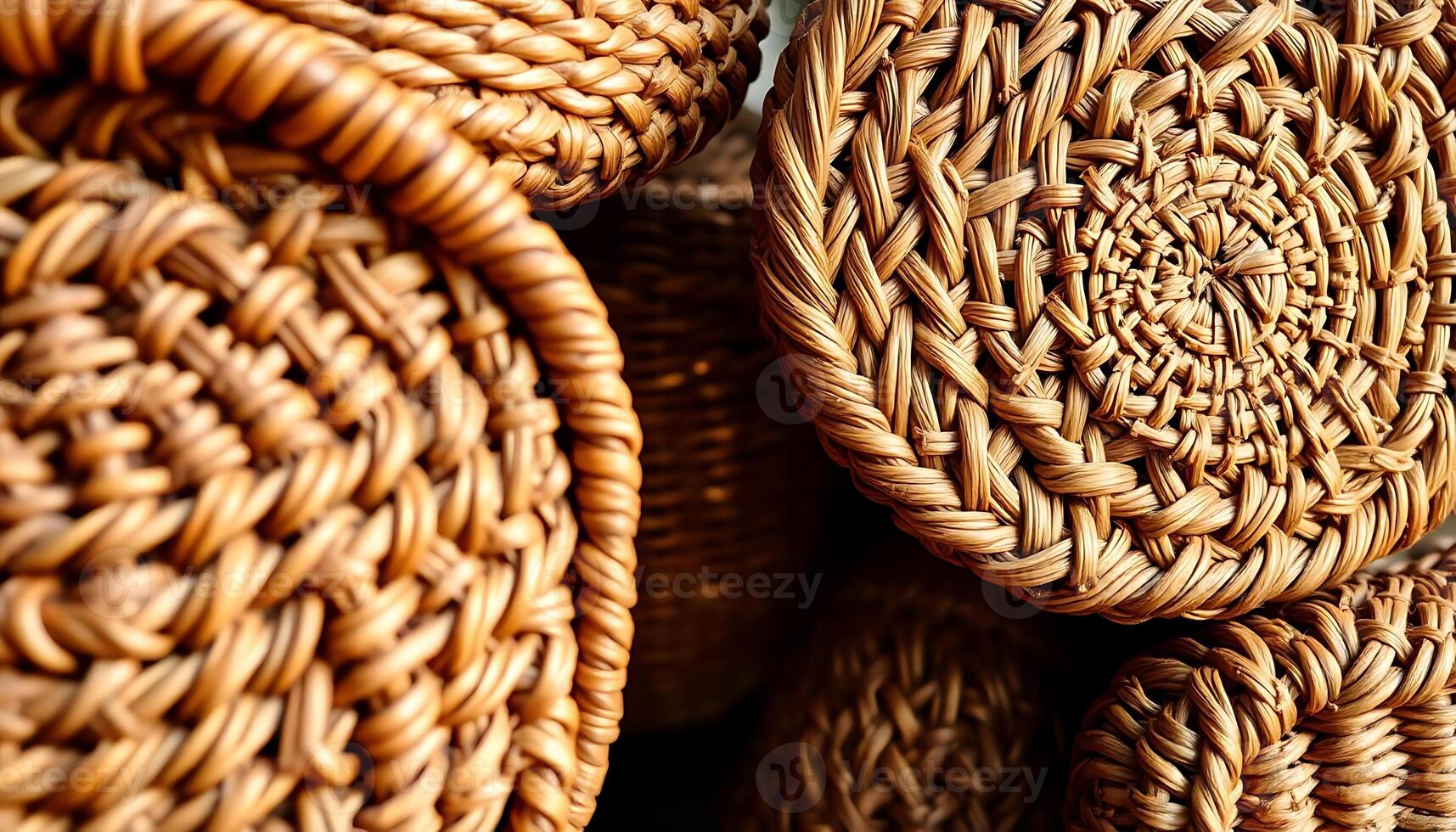 bunch of wicker baskets stacked on top of each other photo