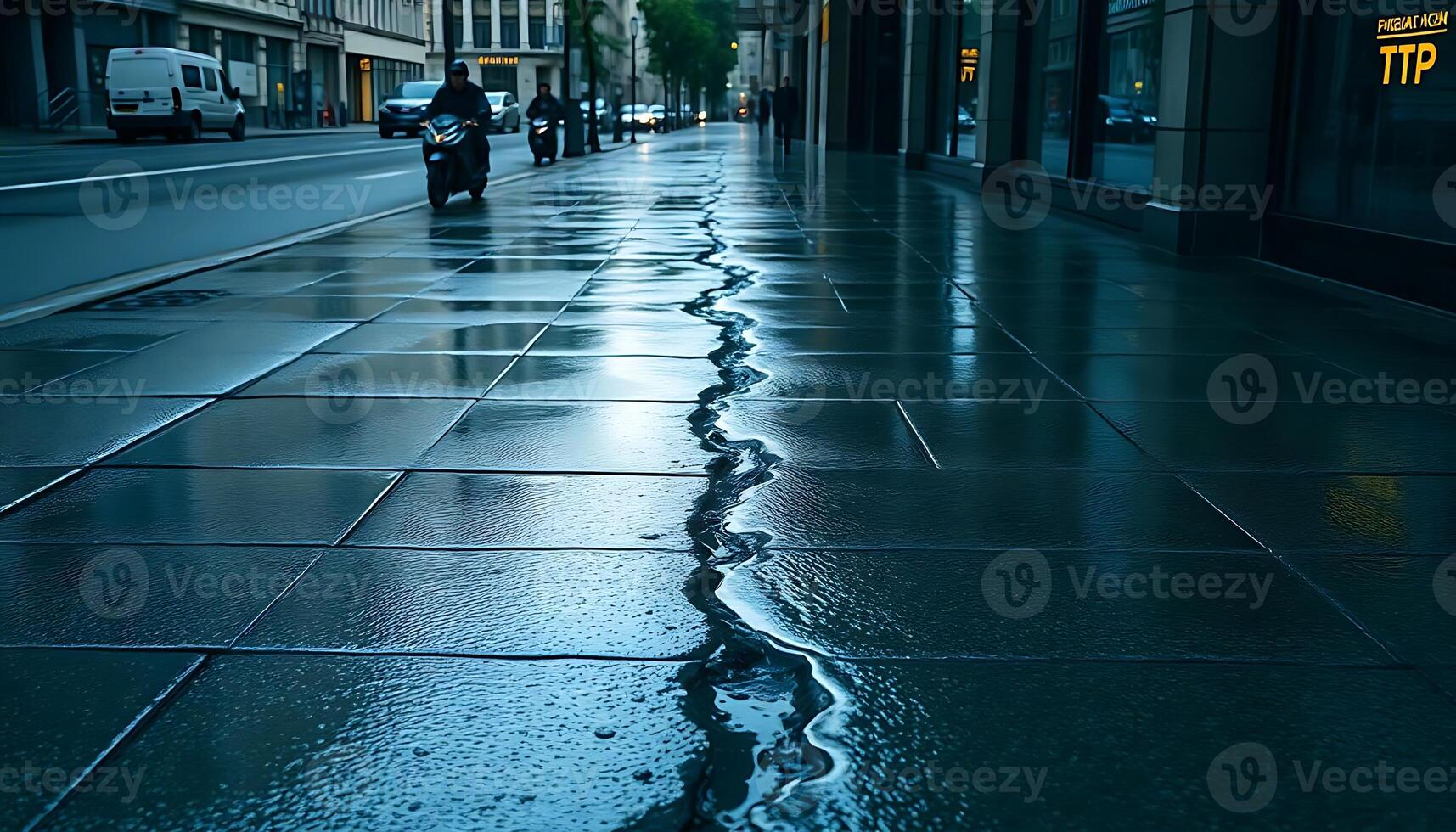 wet sidewalk with a line of water on it photo