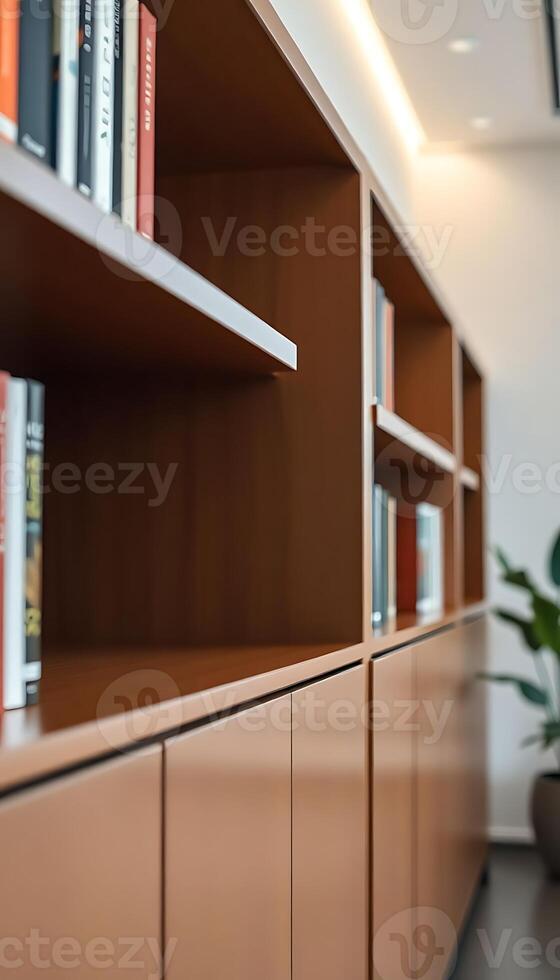 bookshelf filled with lots of books next to a plant photo