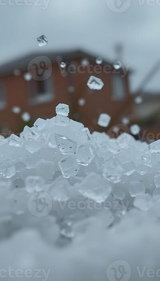 pile of ice sitting in front of a building photo