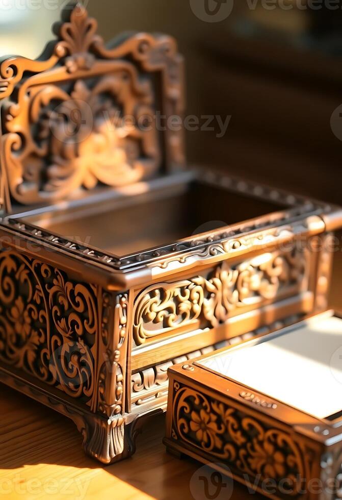 wooden desk with a wooden box on top of it photo