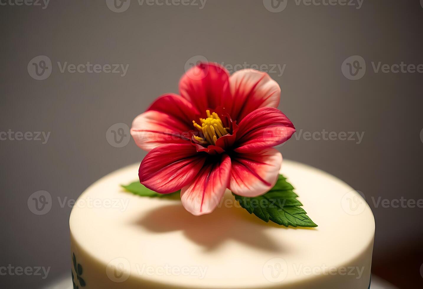 A close up of a red flower on top of a white cake photo