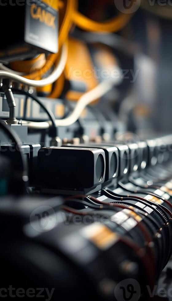 row of computer equipment sitting on top of a desk photo