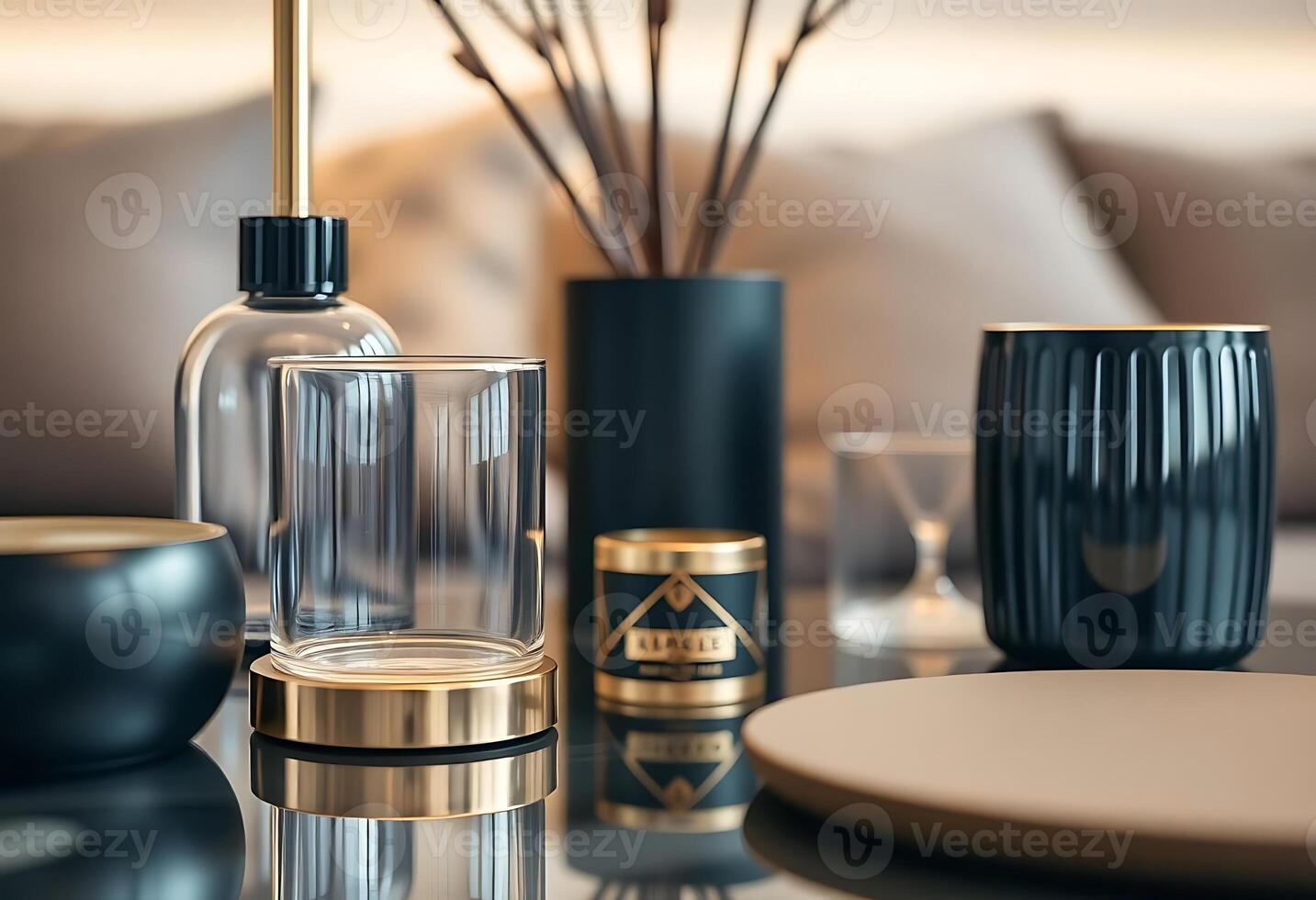 table topped with vases and other items photo