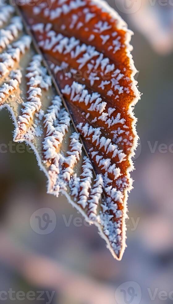 A frosty leaf is seen in the background photo