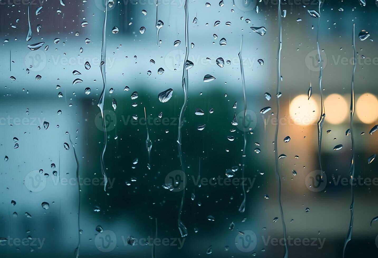 rain drops on a window with a building in the background photo
