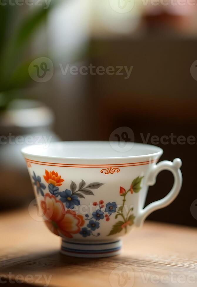 cup sitting on top of a wooden table photo
