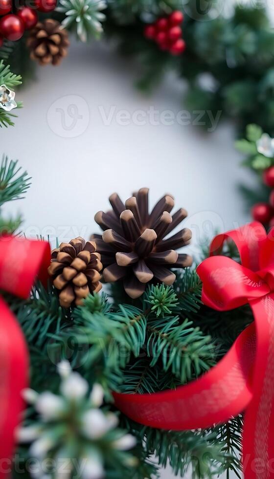 A christmas wreath with red ribbon and pine cones photo