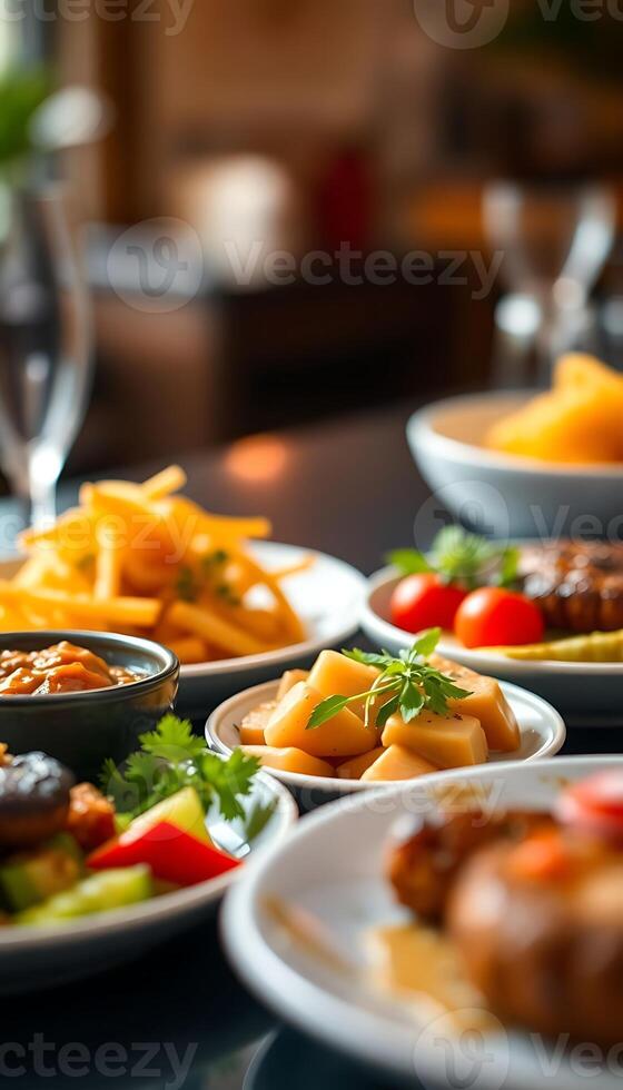 close up of plates of food on a table photo